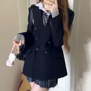 Women's Waist-Defined Pudding Bear JK Uniform Set Jacket - Small Size, Trendy 2025 Style, Perfect for Y2K and Korean Fashion