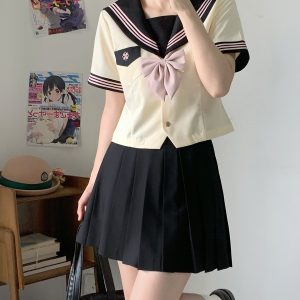 Women's Waist-Defined Sailor Suit Uniform Set - Camellia & Book Custard Short Sleeve College Style Summer Fashion