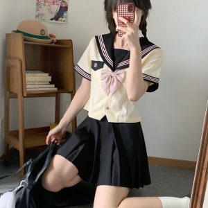 Women's Waist-Defined Sailor Suit Uniform Set - Camellia & Book Custard Short Sleeve College Style Summer Fashion