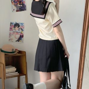 Women's Waist-Defined Sailor Suit Uniform Set - Camellia & Book Custard Short Sleeve College Style Summer Fashion