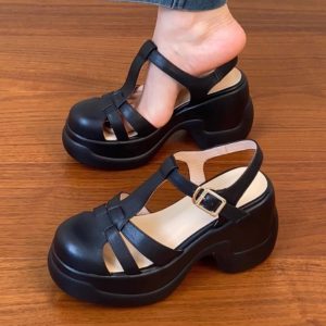 Women's Waterproof Platform High Heel Roman Sandals - Thick-Soled Round Toe Pig Cage Design for Summer 2025