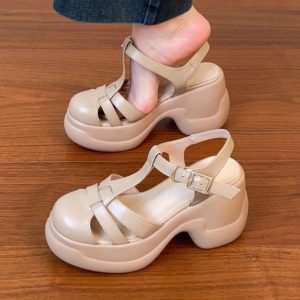 Women's Waterproof Platform High Heel Roman Sandals - Thick-Soled Round Toe Pig Cage Design for Summer 2025