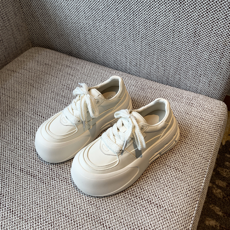 Women's White Casual Sneakers - Lace-Up Genuine Leather Thick Sole - Versatile 2025 Spring Style Bread Shoes