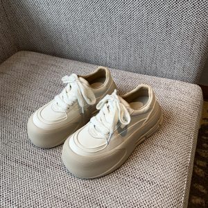 Women's White Casual Sneakers - Lace-Up Genuine Leather Thick Sole - Versatile 2025 Spring Style Bread Shoes
