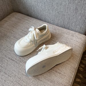 Women's White Casual Sneakers - Lace-Up Genuine Leather Thick Sole - Versatile 2025 Spring Style Bread Shoes