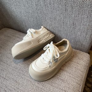 Women's White Casual Sneakers - Lace-Up Genuine Leather Thick Sole - Versatile 2025 Spring Style Bread Shoes