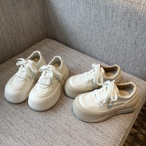 Women's White Casual Sneakers - Lace-Up Genuine Leather Thick Sole - Versatile 2025 Spring Style Bread Shoes