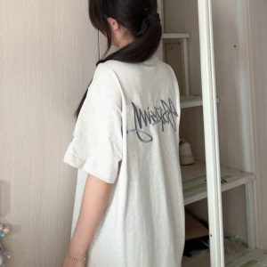Women’s White Gray Embroidered Letter Short Sleeve T-Shirt - Trendy Summer 2025 Casual Style with Unique Shoulder Design
