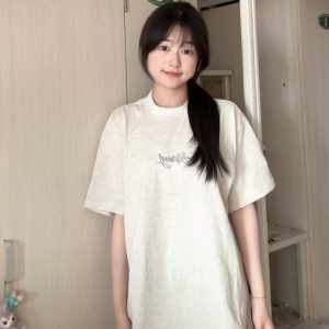 Women’s White Gray Embroidered Letter Short Sleeve T-Shirt - Trendy Summer 2025 Casual Style with Unique Shoulder Design