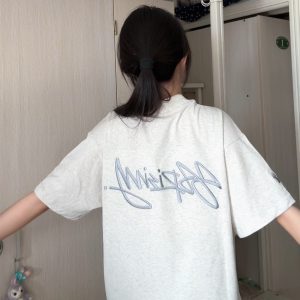 Women’s White Gray Embroidered Letter Short Sleeve T-Shirt - Trendy Summer 2025 Casual Style with Unique Shoulder Design