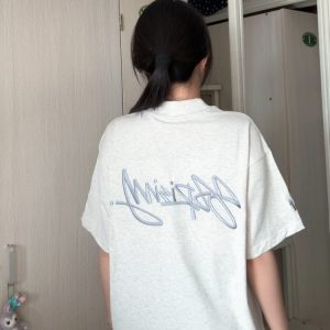 Women’s White Gray Embroidered Letter Short Sleeve T-Shirt - Trendy Summer 2025 Casual Style with Unique Shoulder Design