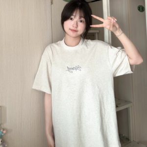 Women’s White Gray Embroidered Letter Short Sleeve T-Shirt - Trendy Summer 2025 Casual Style with Unique Shoulder Design