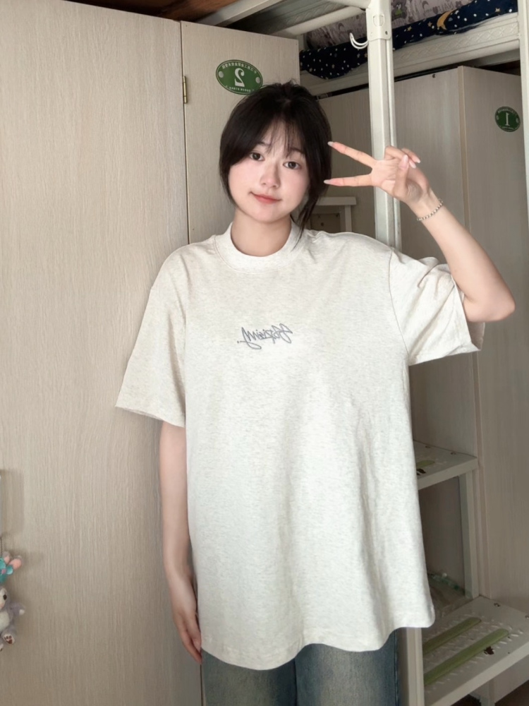 Women’s White Gray Embroidered Letter Short Sleeve T-Shirt - Trendy Summer 2025 Casual Style with Unique Shoulder Design Women’s White Gray Embroidered Letter Short Sleeve T-Shirt - Trendy Summer 2025 Casual Style with Unique Shoulder Design