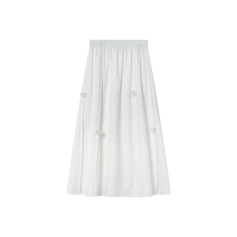 Women's White Half-Length A-Line Skirt with 3D Rose Flower Decoration - Summer 2025 Trendy Floral Style