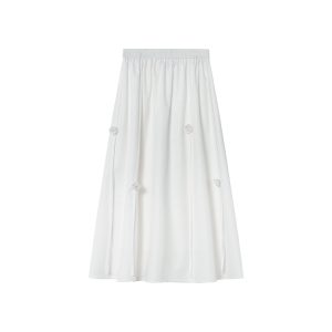 Women's White Half-Length A-Line Skirt with 3D Rose Flower Decoration - Summer 2025 Trendy Floral Style