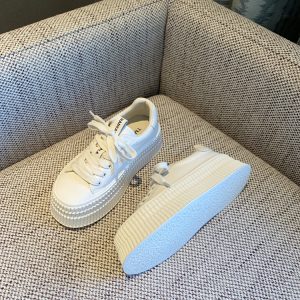 Women's White Lace-Up Genuine Leather Sneakers - 2025 Spring Thick-Soled Casual Biscuit Shoes, Comfortable Y2K Style