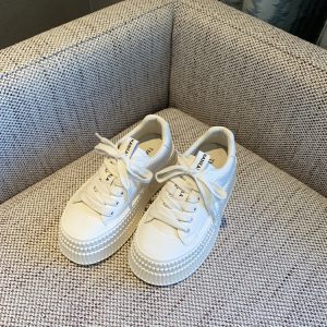 Women's White Lace-Up Genuine Leather Sneakers - 2025 Spring Thick-Soled Casual Biscuit Shoes, Comfortable Y2K Style