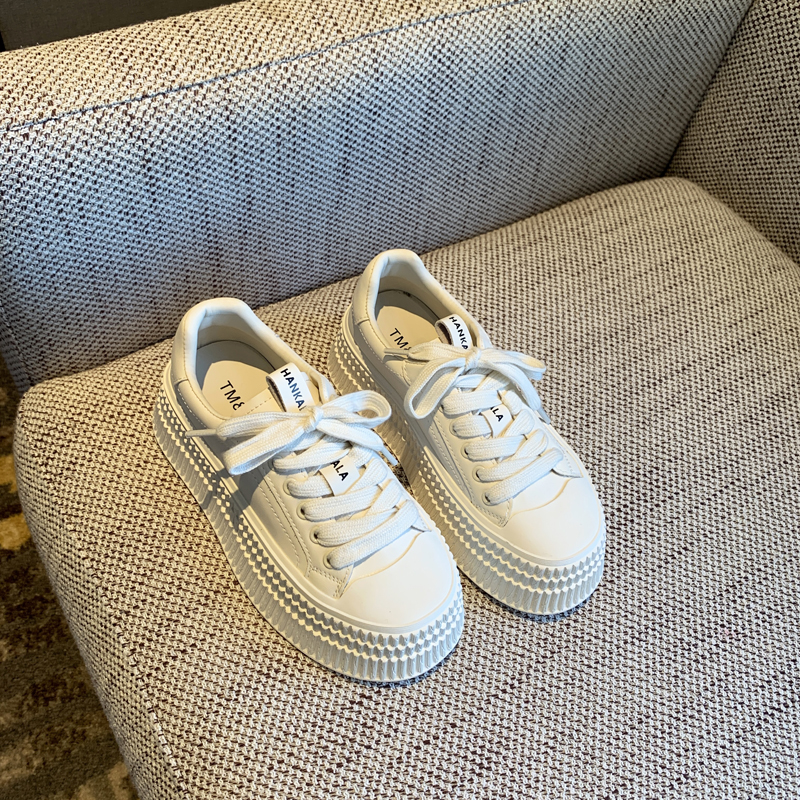 Women's White Lace-Up Genuine Leather Sneakers - 2025 Spring Thick-Soled Casual Biscuit Shoes, Comfortable Y2K Style