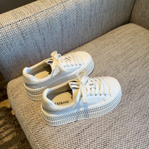 Women's White Lace-Up Genuine Leather Sneakers - 2025 Spring Thick-Soled Casual Biscuit Shoes, Comfortable Y2K Style