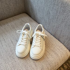Women's White Lace-Up Platform Sneakers - 2025 New Style Thick-Soled Genuine Leather Casual Sports Shoes