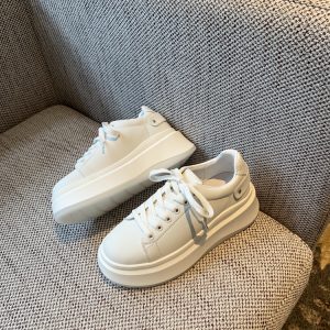 Women's White Lace-Up Platform Sneakers - 2025 New Style Thick-Soled Genuine Leather Casual Sports Shoes