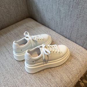 Women's White Lace-Up Platform Sneakers - 2025 New Style Thick-Soled Genuine Leather Casual Sports Shoes