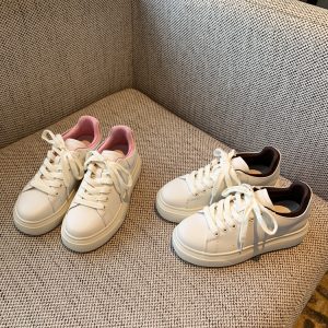 Women's White Lace-Up Sneakers - Comfortable Thick-Soled Genuine Leather Casual Footwear for Spring 2025 - Versatile Student Style