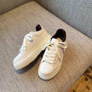 Women's White Lace-Up Sneakers - Comfortable Thick-Soled Genuine Leather Casual Footwear for Spring 2025 - Versatile Student Style