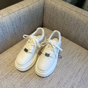 Women's White Lace-Up Sneakers with Thick Sole and Metal Buckle - Versatile Breathable Casual Sports Shoes for Autumn Fashion