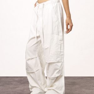 Women's White Loose Casual Paratrooper Pants - Unisex Wide-Leg Straight Trousers - Y2K Inspired Fashion
