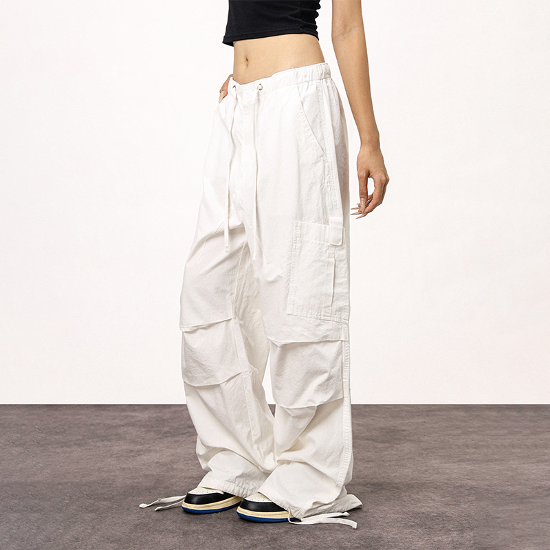 Women's White Loose Casual Paratrooper Pants - Unisex Wide-Leg Straight Trousers - Y2K Inspired Fashion