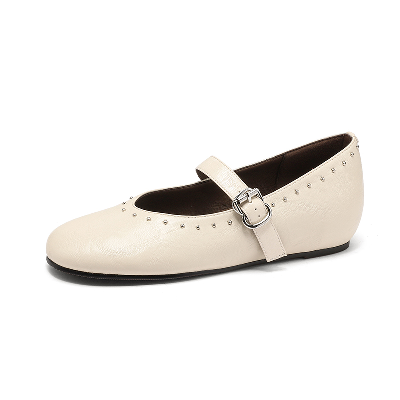 Women's White Mary Jane Shoes with Rivets, Soft Bottom Summer Flats, Hidden Height, Large Size 41-42, Stylish Comfort