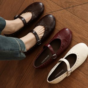 Women's White Mary Jane Shoes with Rivets, Soft Bottom Summer Flats, Hidden Height, Large Size 41-42, Stylish Comfort