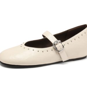 Women's White Mary Jane Shoes with Rivets, Soft Bottom Summer Flats, Hidden Height, Large Size 41-42, Stylish Comfort