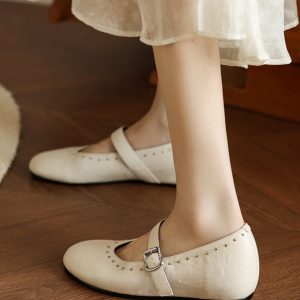 Women's White Mary Jane Shoes with Rivets, Soft Bottom Summer Flats, Hidden Height, Large Size 41-42, Stylish Comfort