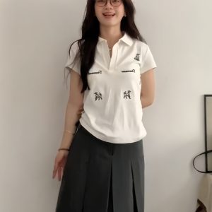 Women's White Short-Sleeve Polo Shirt with Dog Embroidery - Summer 2023 American-Style Fitted Sports Top