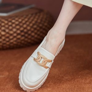 Women's White Thick-Soled Slip-On Loafers in British Style - Genuine Leather Spring Summer 2025 Fashion Footwear