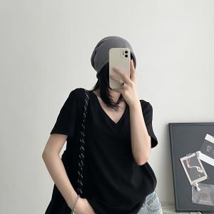 Women's White V-Neck Short Sleeve T-Shirt, Loose Fit Drop Shoulder, Spring Summer Basic Top, Versatile Layering Piece