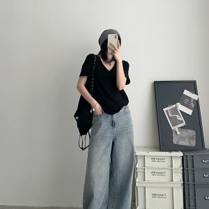 Women's White V-Neck Short Sleeve T-Shirt, Loose Fit Drop Shoulder, Spring Summer Basic Top, Versatile Layering Piece