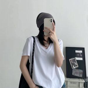 Women's White V-Neck Short Sleeve T-Shirt, Loose Fit Drop Shoulder, Spring Summer Basic Top, Versatile Layering Piece