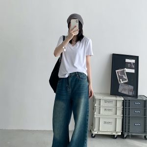 Women's White V-Neck Short Sleeve T-Shirt, Loose Fit Drop Shoulder, Spring Summer Basic Top, Versatile Layering Piece