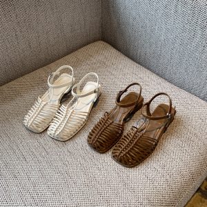 Women's Woven Closed-Toe Sandals 2025 Summer Korean Style Breathable Hollow Roman Commuter Shoes for Versatile Fashion