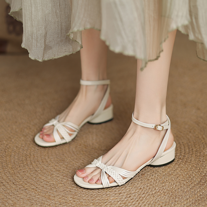 Women’s Woven Open-Toe Sandals - Mid-Chunky Heel, Round Toe, One-Strap Design - Versatile Summer Footwear