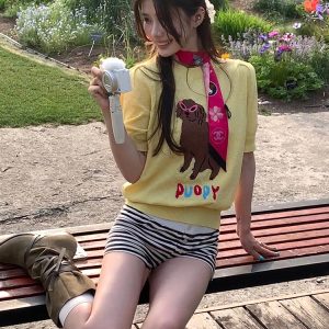 Women's Y2K Cropped Yellow Knitted Top with Dog Embroidery - Short Sleeve Round Neck Fun Summer Style