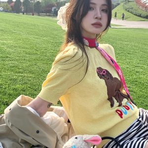 Women's Y2K Cropped Yellow Knitted Top with Dog Embroidery - Short Sleeve Round Neck Fun Summer Style