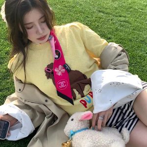 Women's Y2K Cropped Yellow Knitted Top with Dog Embroidery - Short Sleeve Round Neck Fun Summer Style