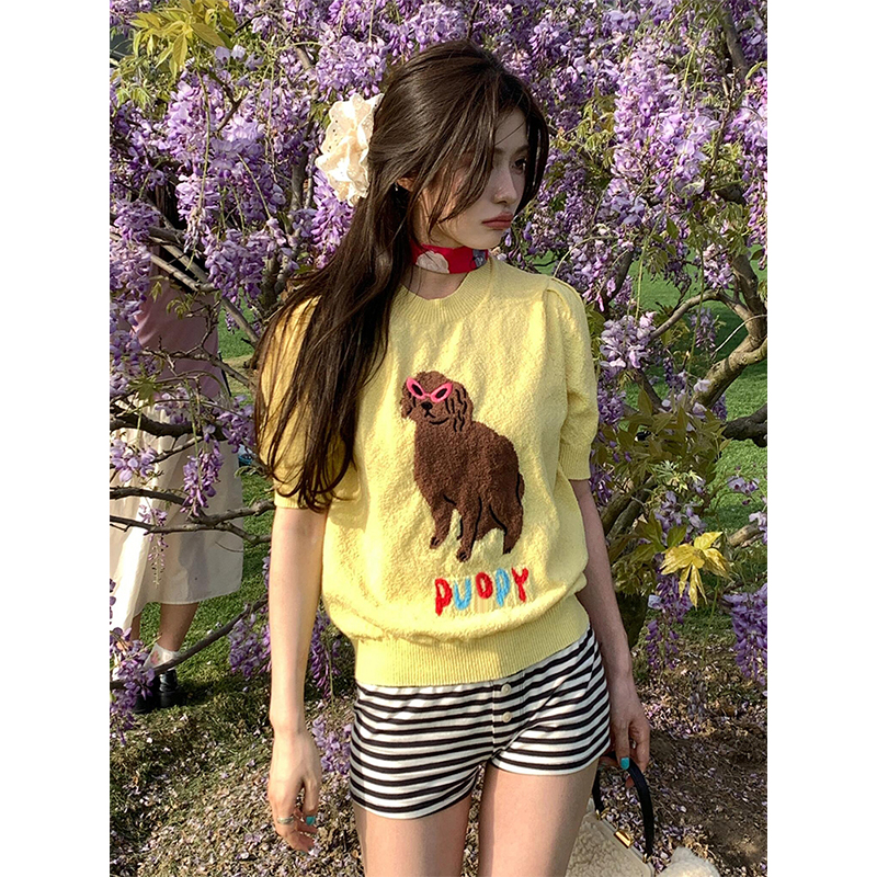 Women's Y2K Cropped Yellow Knitted Top with Dog Embroidery - Short Sleeve Round Neck Fun Summer Style