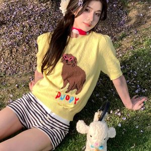 Women's Y2K Cropped Yellow Knitted Top with Dog Embroidery - Short Sleeve Round Neck Fun Summer Style