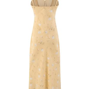 Women's Yellow Floral Long Dress - French Style, Spaghetti Strap, Waist-Cinching, Slim-Fit, Elegant Vacation Outfit