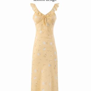 Women's Yellow Floral Long Dress - French Style, Spaghetti Strap, Waist-Cinching, Slim-Fit, Elegant Vacation Outfit